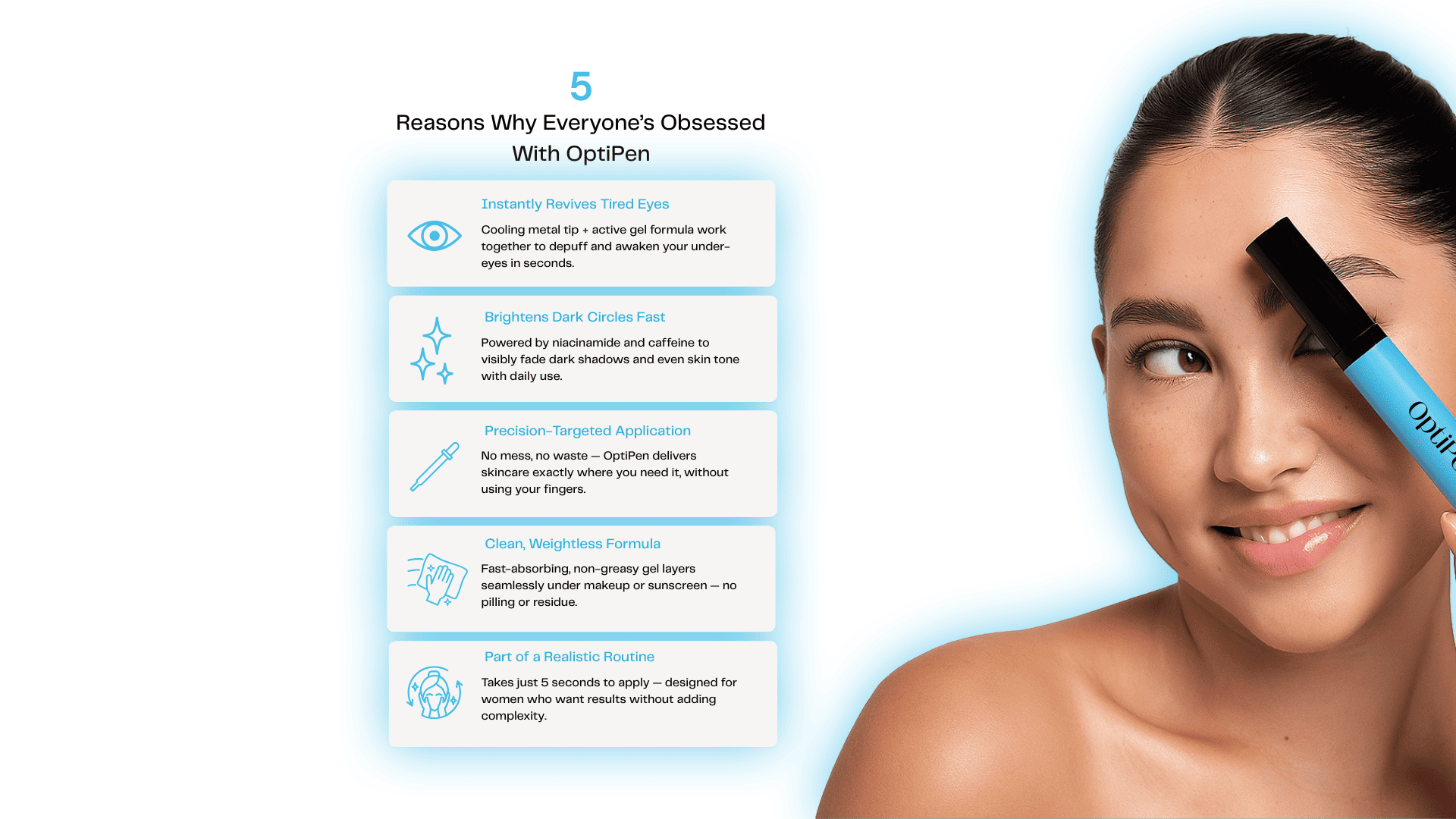 Model applying OptiPen under-eye gel pen alongside key benefits like reducing puffiness and dark circles